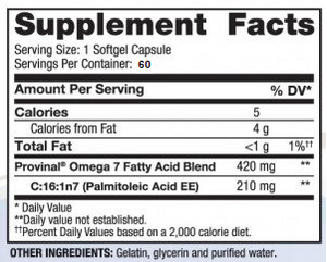 Cardia 7 Purified Omega 7 60 count Supplement Facts Label