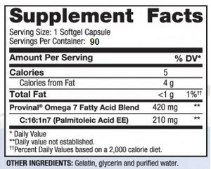 Cardia 7 Purified Omega 7 90 count Supplement Facts Label
