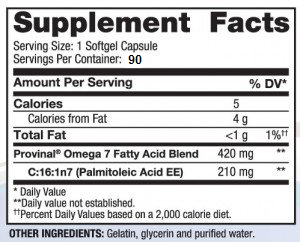 Cardia 7 Purified Omega 7 90 count Supplement Facts Label
